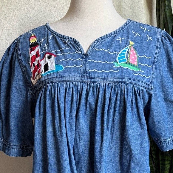 Vintage Denim Dress Nautical Embroidery Pockets Coastal Grandma L - Picture 2 of 10
